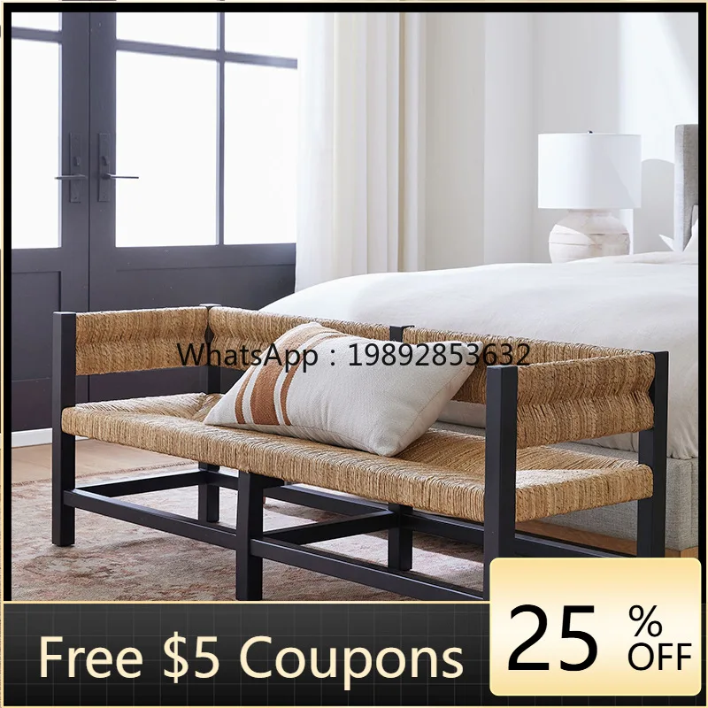 LYY Rattan Woven Long Bench Solid Wood Woven Double Sofa Straw Woven Homestay Hotel Stool Bed End Stool Shoe Changing Stool
