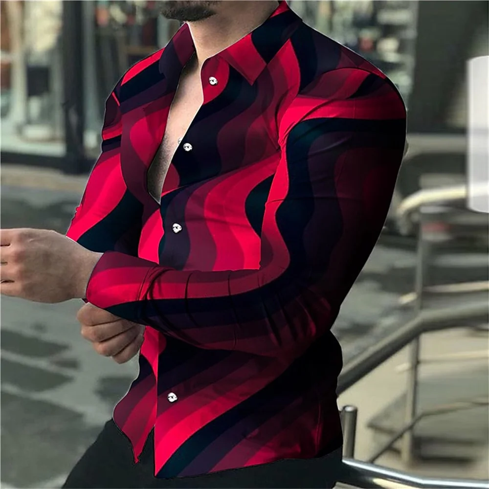 New Men\'s High Quality Luxury Prom Fashion Social 3D Line Graph Print Polo Button Fashion Designer Long Sleeve Men\'s Shirt 2023