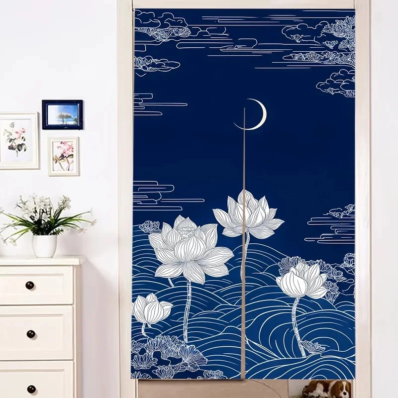 VIKAMA Oriental Floral Noren Curtain Vintage Line Art Lotus Moon and Water Wave Pattern Fabric Doorway Partition Curtain
