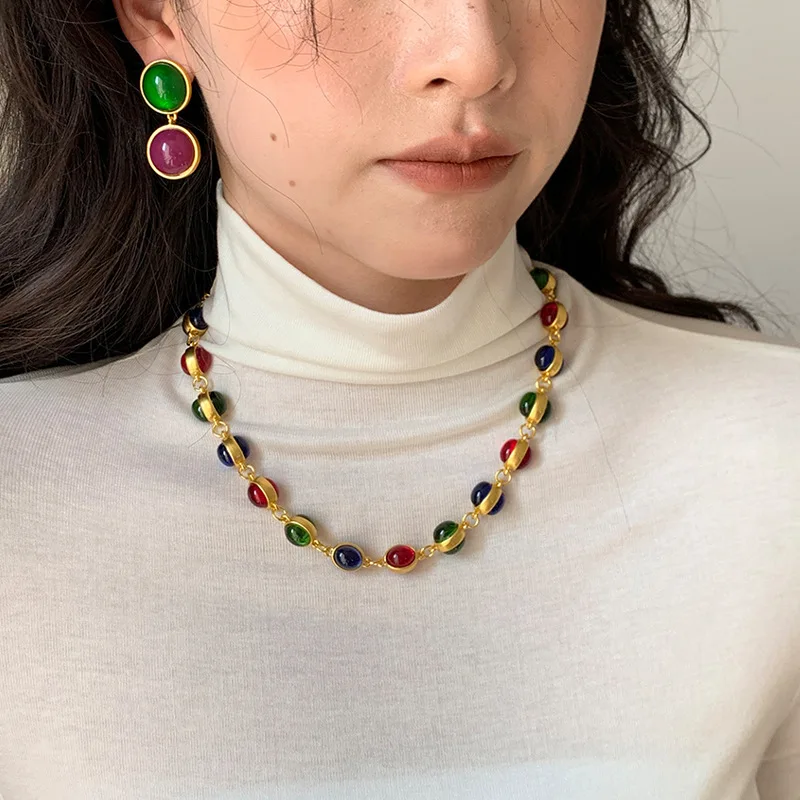 women retro round colorful glass necklace earrings female vintage collarbone chain necklaces jewelry