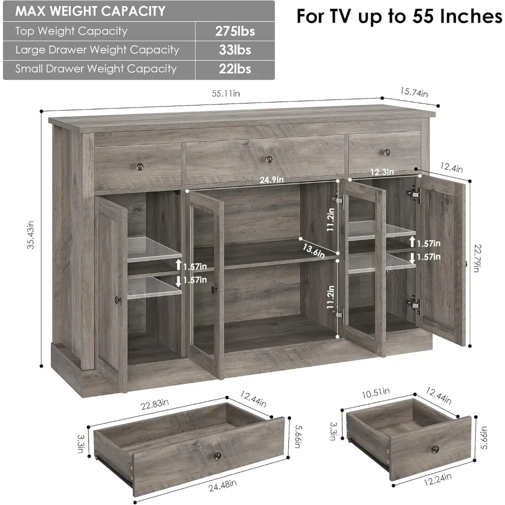 Dressoir buffetkast met opbergruimte, 55 inch grote keukenbuffetopbergkast met lades |   Glazen deuren, koffiebarkast