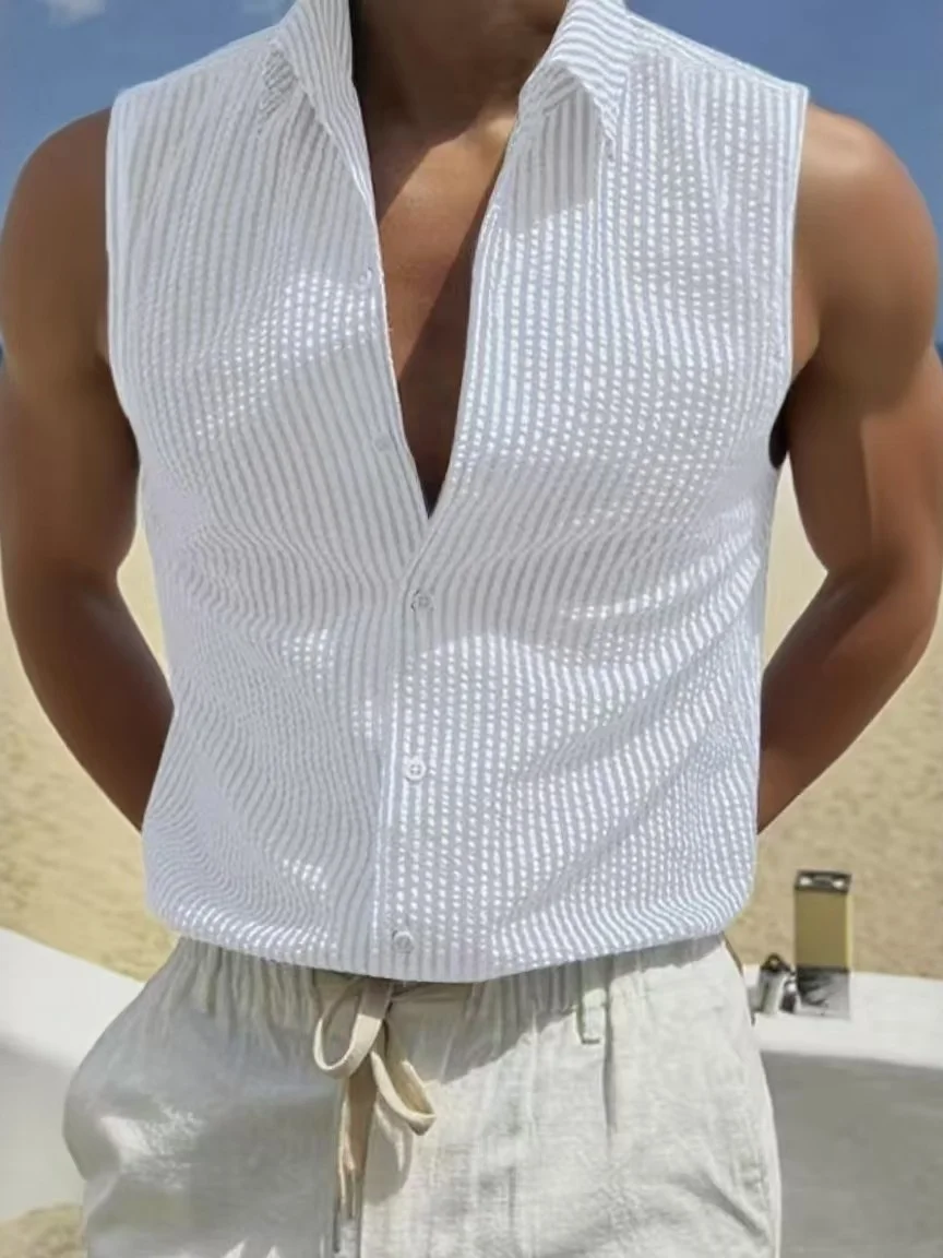 Men's Striped Sleeveless Lapel Shirt Breathable Summer Casual Fashion Polyester Fabric No Ironing Required Regular Fit