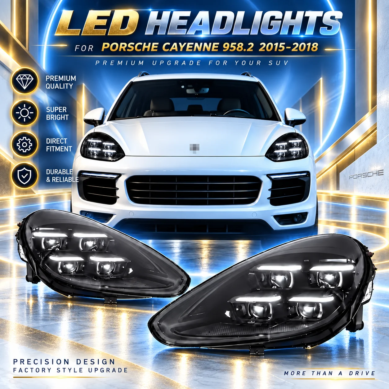 2 Stück LED-Scheinwerfer-Set für Porsche Cayenne 958.2 2015-2018, Scheinwerfer 2024 Matrix-Stil Frontscheinwerfer mit Projektorlinse & Blinker, Upgrade-Ersatzzubehör