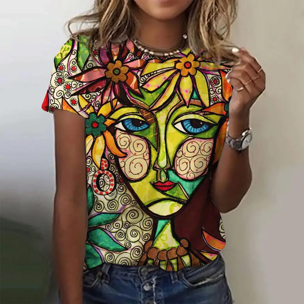 Summer Fashion Top Women 3d Floral T-Shirts Girls Face Painting Harajuku Colorful Beautiful Short Sleeve Tees Oversized Clothing