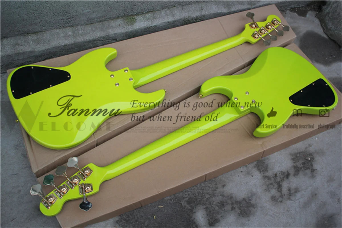 custom  5 string bass guitar,Bright green bass，gold bridge basswood body maple neck