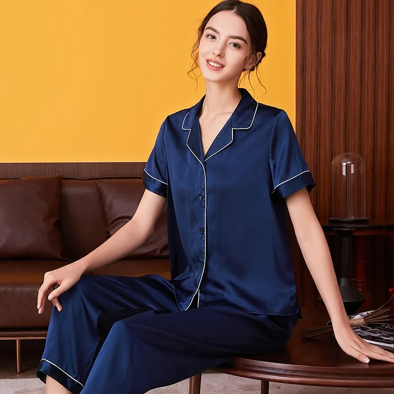 Women's Heavy Mulberry Silk Pajamas Set Short Sleeved Top Trousers Perfect Spring Autumn Summer Outdoor Lounging XXL Size Cozy
