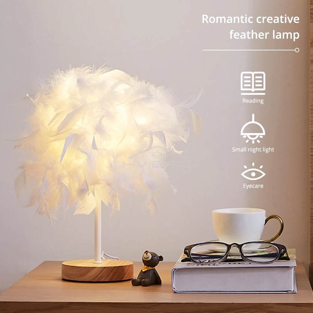 LED Warm Small Table Lamp Nordic Romantic Creative Feather Wedding Room Red Girl Bedroom Bedside Flashlight Night Reading Light