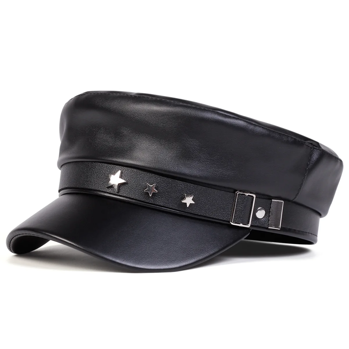 Boné Militar de Luxo em PU com Estrelas de Metal e Letras de Diamante para Mulheres, Boné Newsboy de Topo Plano, Cor Sólida, Moda Streetwear, Boné Azul Marinho