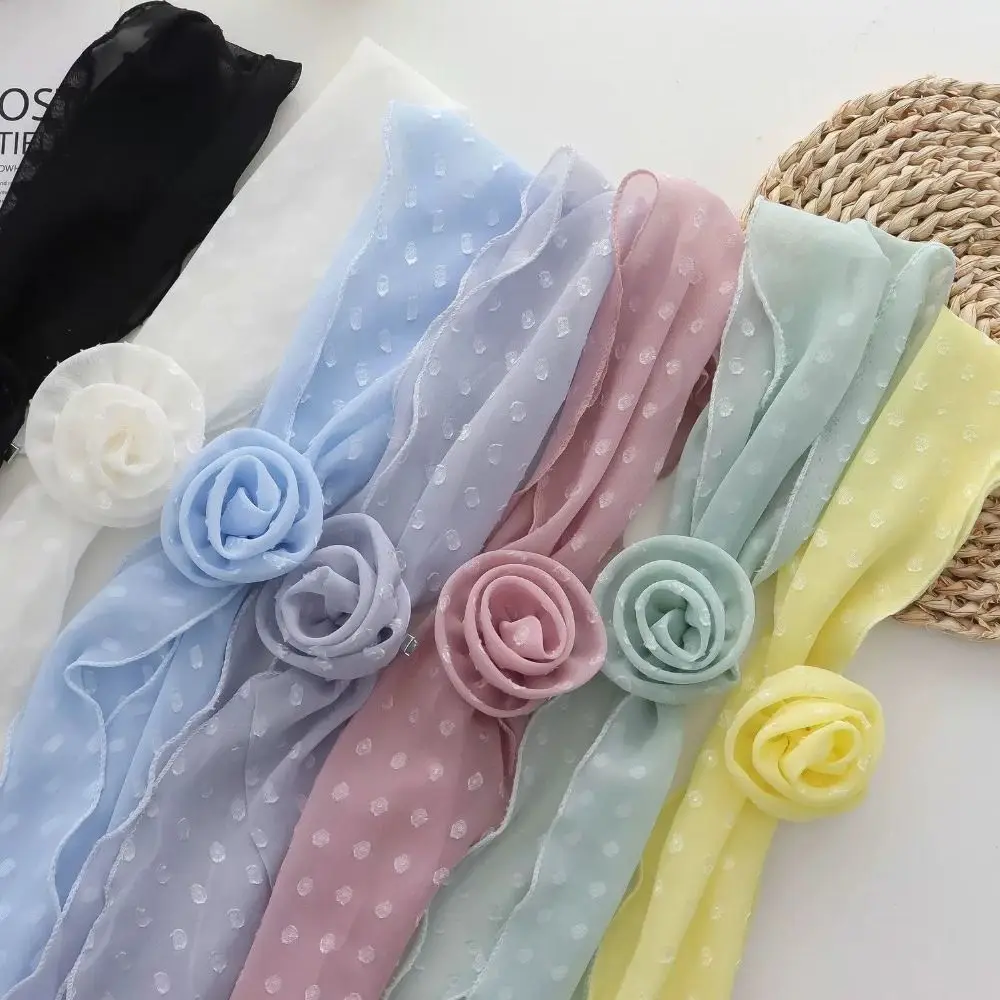 Detachable Design Chiffon Scarf Rose Decor Narrow Shape Long Scarf High-end Feeling Versatile Style Neckerchief Spring Season