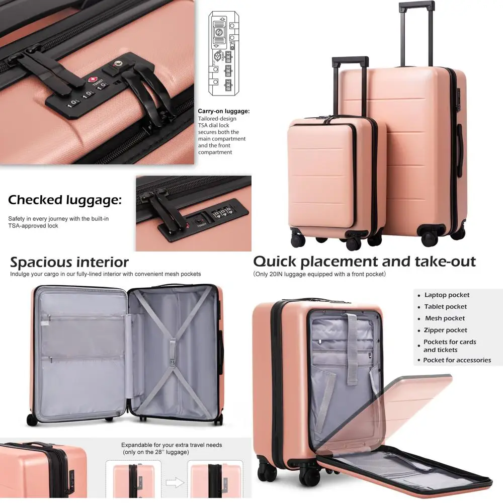 

2-Piece ABS+PC Spinner Luggage Set with Pocket, Sakura Pink, Carry-On & Weekend Bag
