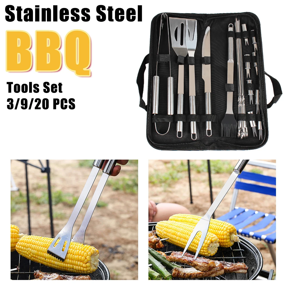 Stainless Steel Spatula Fork Tongs Knife Brush Skewers BBQ Tools Set For Camping Outdoor Barbecue Utensil 3/9/20 PCS