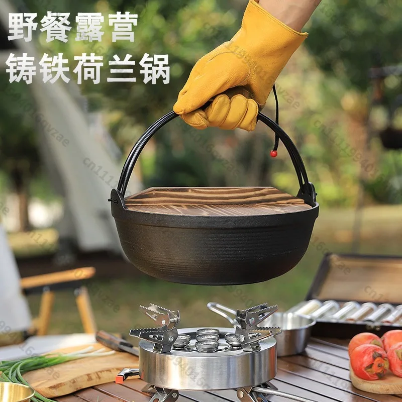 Outdoor Uncoated Cast Iron Picnic Hanging Pot Camping Portable Thickened Stove Pot