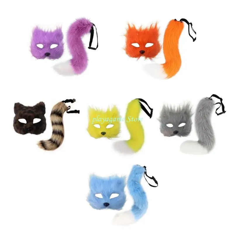 

Y88A Animal Costume Foxes Mask Cats Half Face Mask Foxes Tail Set Foxes Costumes Accessories for Cosplay Halloween Party
