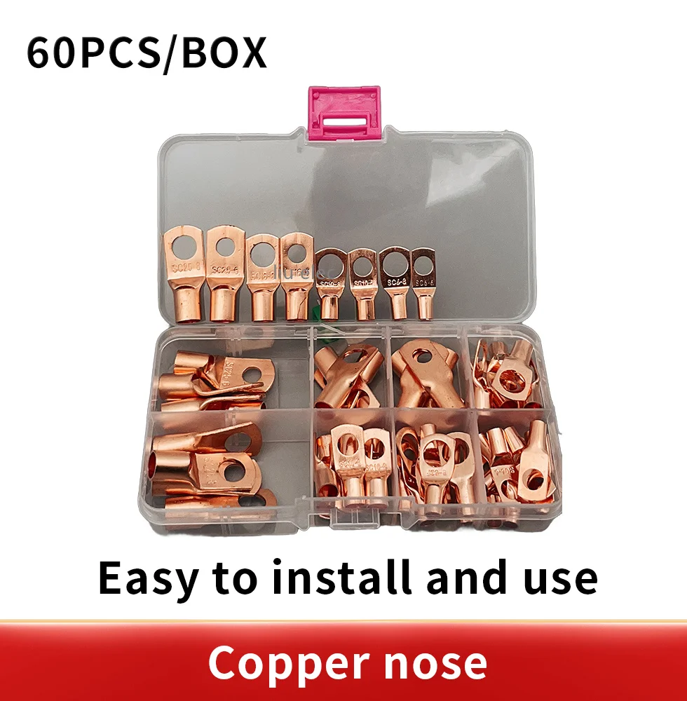 60pcs/box Electrical Wire Ring Connectors Assorted Car Copper Tube Lug Battery Starter Cable Welding Crimp Terminals Kit