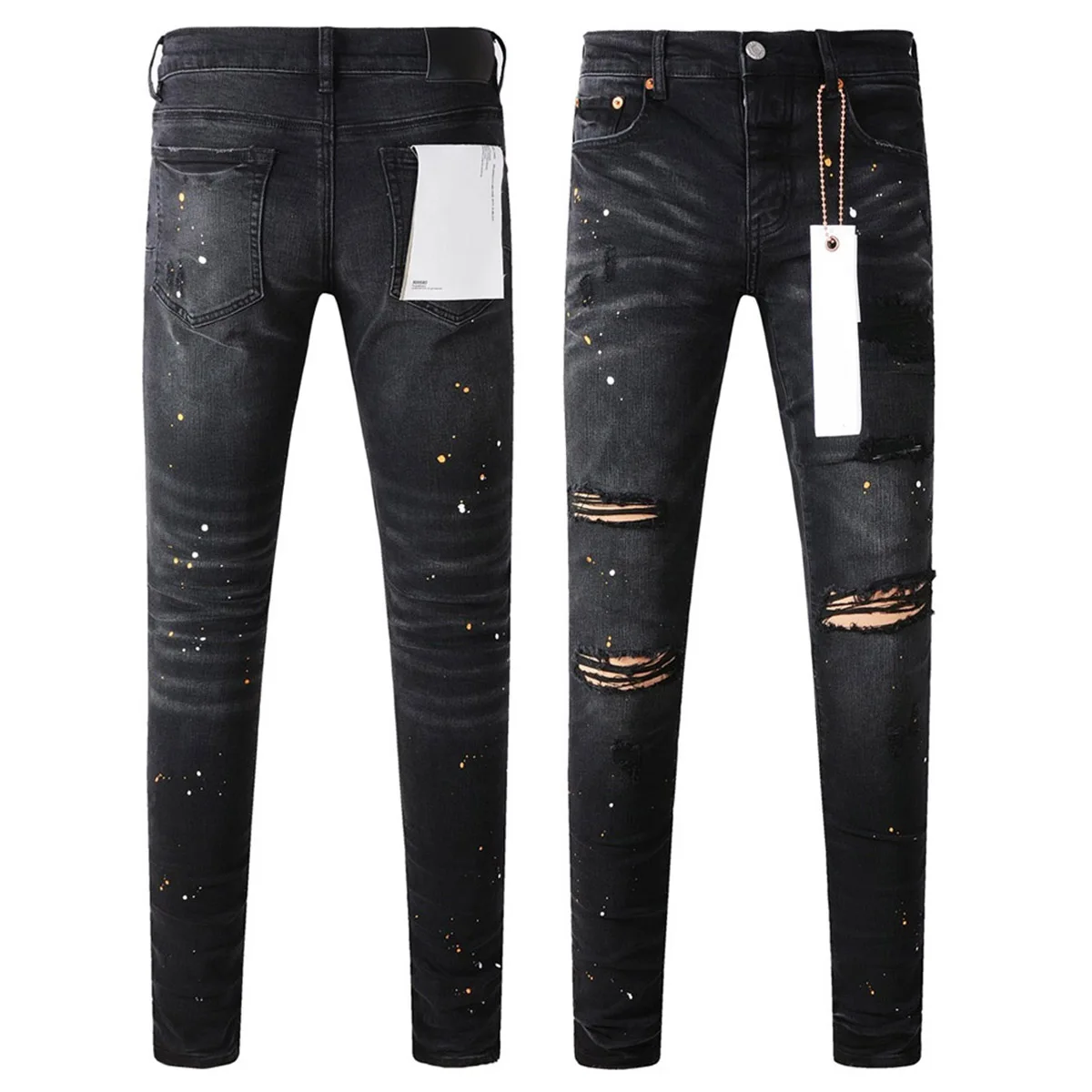 Fashion American brand Purple Jeans Men High Street Black Paint Hole Repair Low Rise Skinny Denim Pants 9045