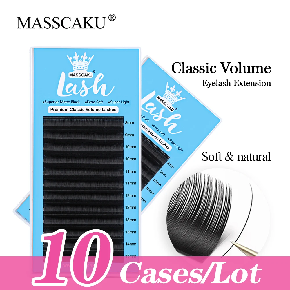 

MASSCAKU 10cases/lot C/CC/D/DD Curl 12 Rows Classic Volume Lashes 8-20mm PBT Fiber Individual Eyelash Extension Makeup