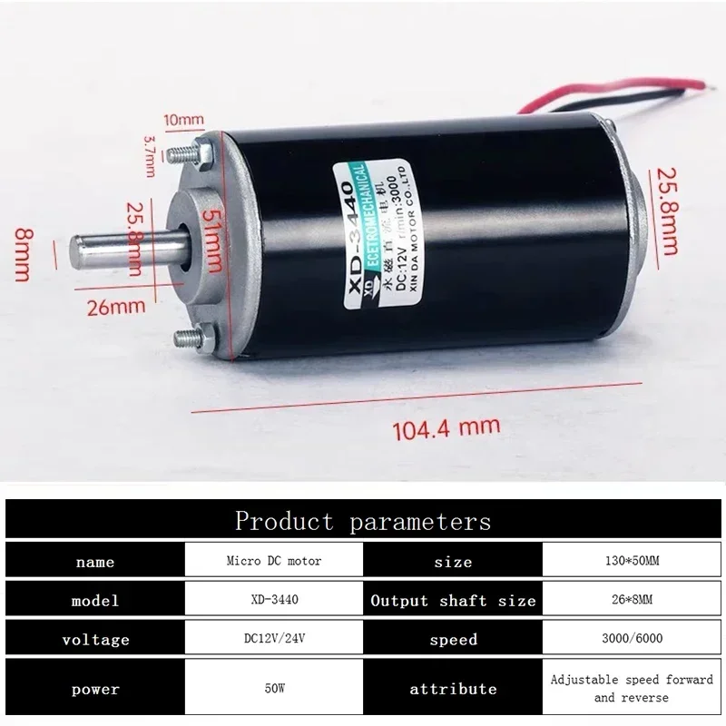 Imagem -02 - Motor dc Escovado Elétrico de Alta Velocidade para Cortador Micro Motor Xd3440 12v 24v 3000rpm 6000rpm 50w