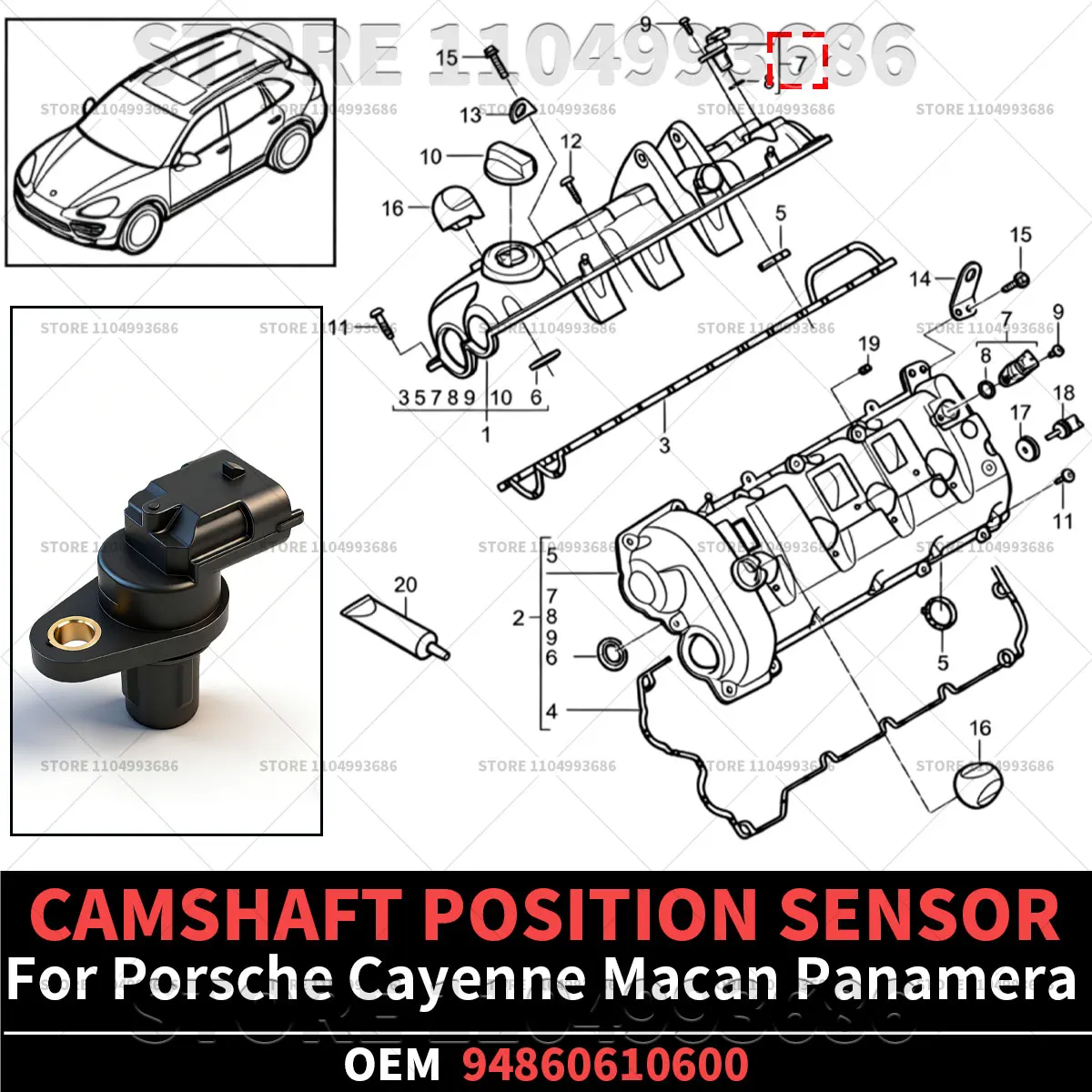 

For Porsche 2009-2018 Cayenne (9PA 958) 2015-2018 Macan (95B) 2010-2016 Panamera (970) CAMSHAFT POSITION SENSOR OEM 94860610600