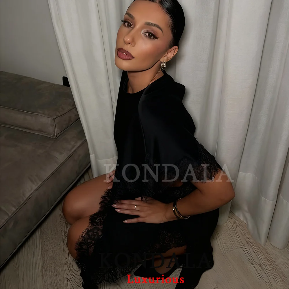 KONDALA Sexy Chic Schwarz Satin Frauen Party Kleid Kurzarm Aushöhlen Side Split Kleid Mode 2026 Abend Club Elegante Kleid