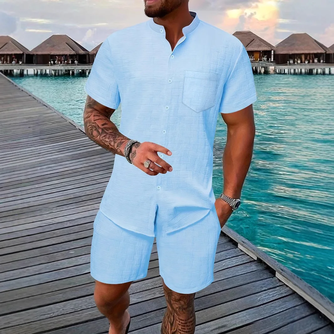 

Fashion casual shirt short sleeve shorts suit men's stand collar shirt can cardigan outdoor beach two-piece set