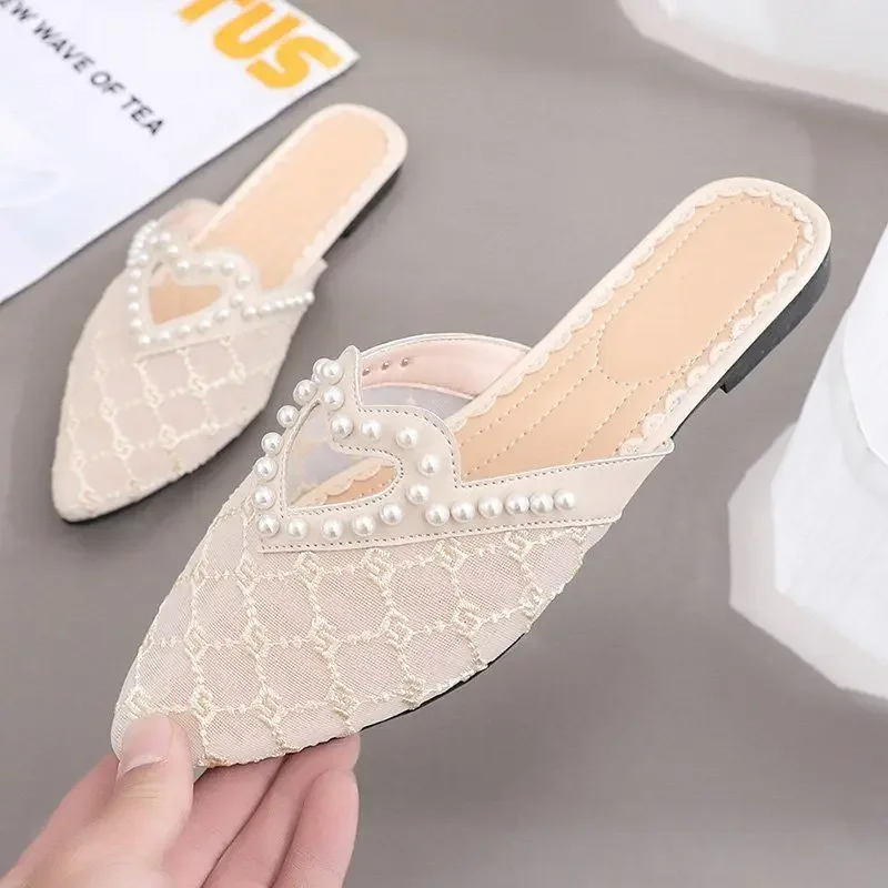 Soft Pearl Shoes Women\'s Slippers and Ladies Sandals Flat Slides Off White Outside Rubber Mules Luxury on Offer Waterproof Trend