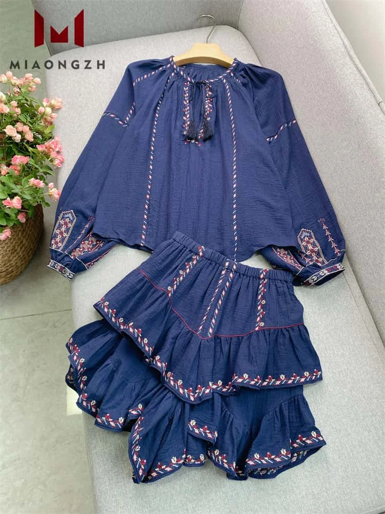 

High Quality Fashion Vintage Embroidery Two Piece Set For Women Long Sleeve Shirt Tops + Elastic Waist Ruffle Short Skirt New 25