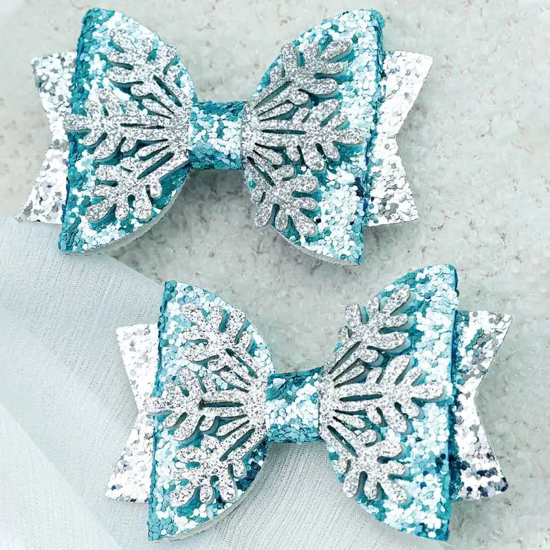 2pcs Glitter Hair Bows Clip For Baby Girls Christmas Snowflower Hairpin Barrettes Headware Grosgrain Ribbon Hair Accessories