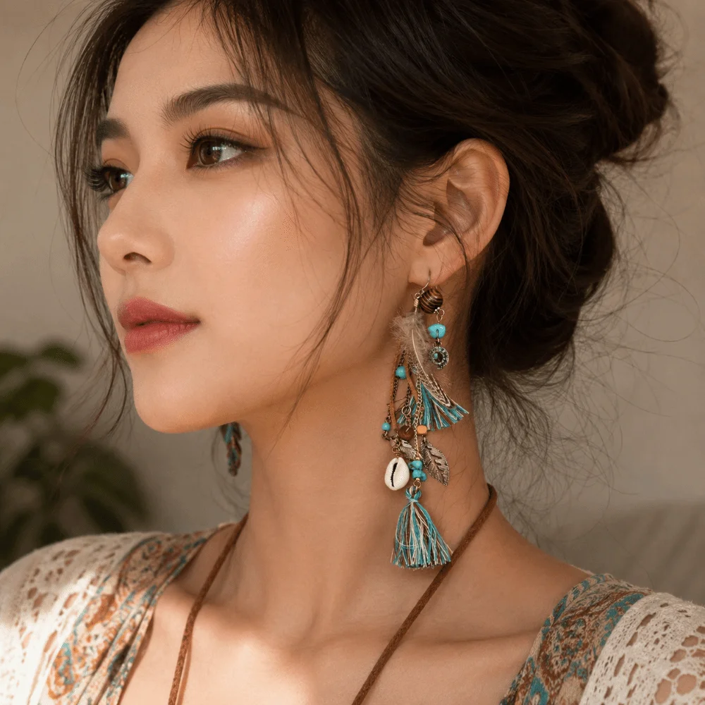 Vintage Tassel Dangle Earrings Geometric Shape Starfish Shell Bohemian Style Earrings Alloy Material Feather Accent