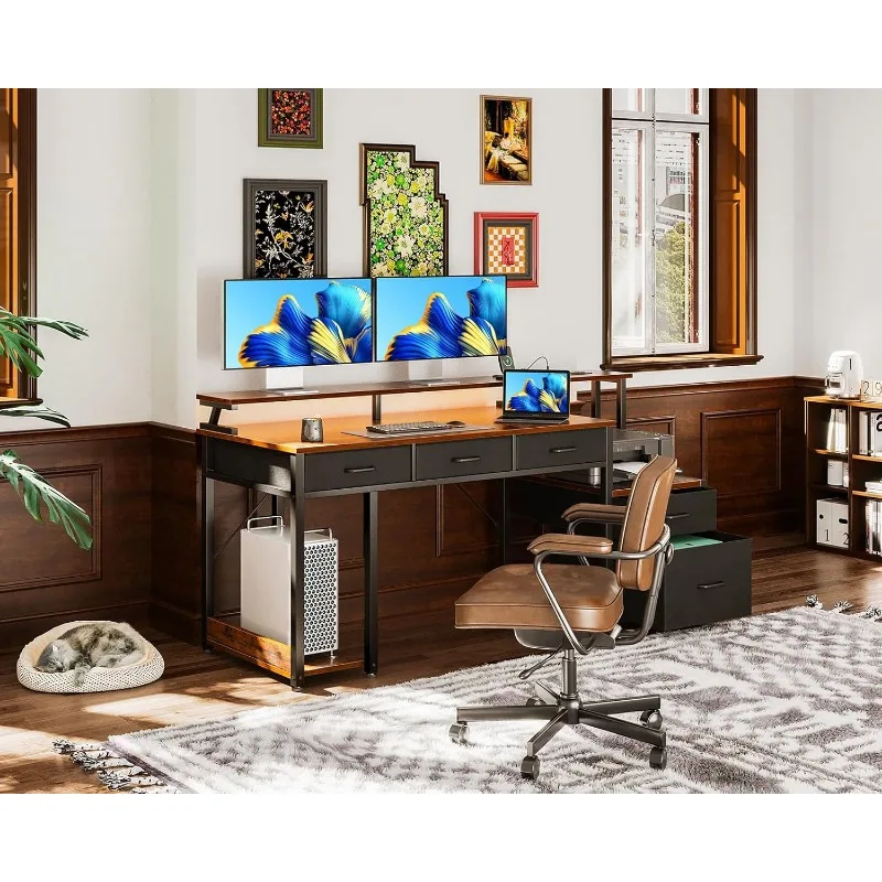 55 Inch Computer Desk with 3 Drawers and File Cabinet for Storage, Office Desk with Monitor Stand and LED Lights, Vintage