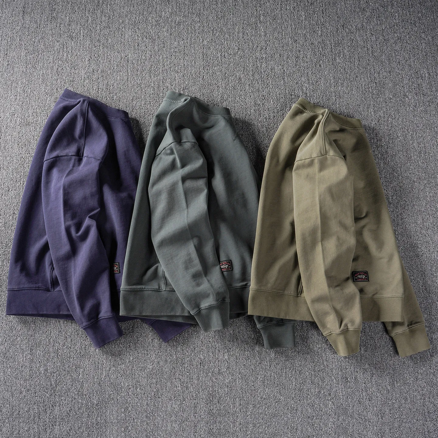 Heavy distressed retro washed soft waxy fabric round neck sweatshirt men's loose dropped shoulder splicing top