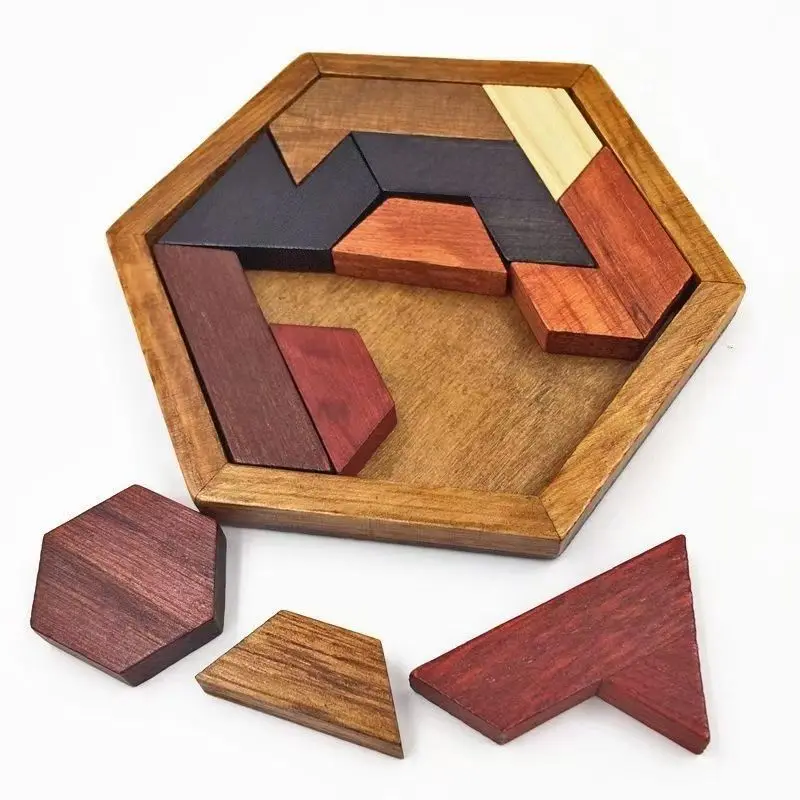 Hexagon Wooden Puzzle Tangram Intelligence Toys For Kids Adults IQ Games Quebra Cabeça Infantil Rompecabezas De Madera