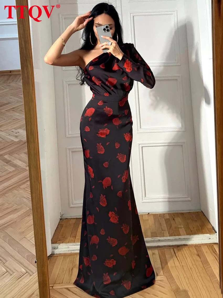 

TTQV Fashion Slim Print 2 Piece Set Women Sexy One Shoulder Long Sleeve Shirt With High Waist Maxi Skirt Set Female Streetwear