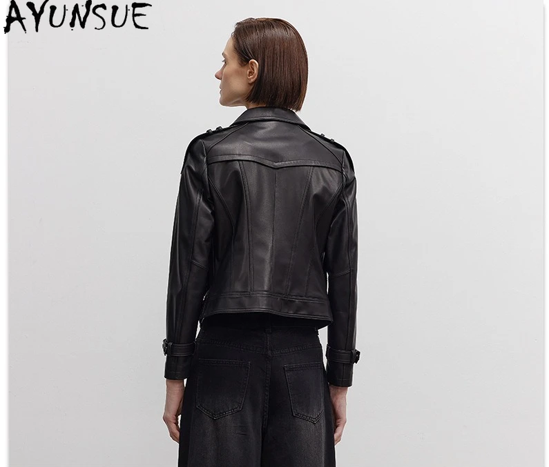 AYUNSUE Echtlederjacke Damen 2025, echter Schaffellmantel, Motorradjacken, Frühling und Herbst, Damenbekleidung, neu in Oberbekleidung