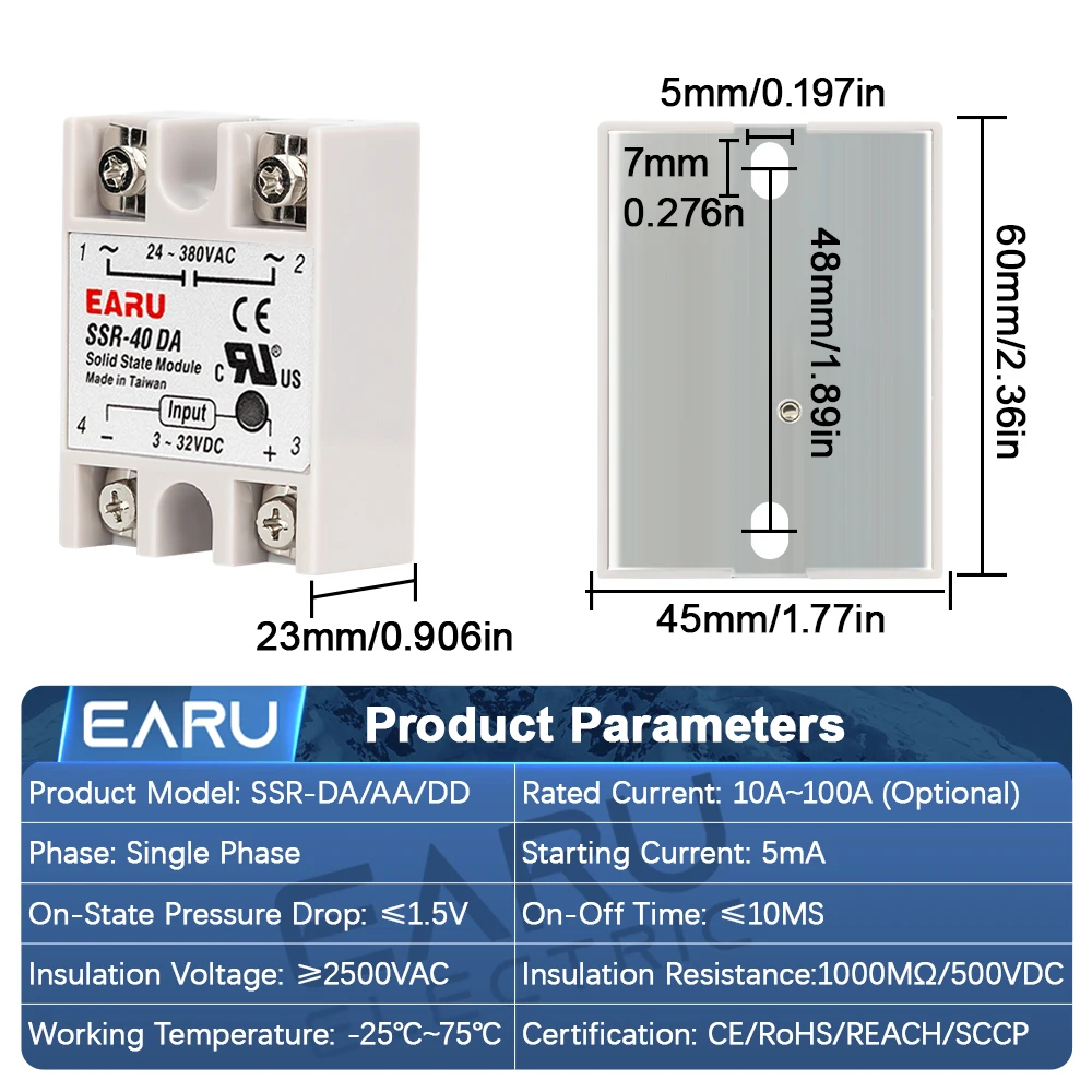 EARU Solid State Relay Single Phase SSR-25DA SSR-40DA SSR-40AA SSR-40DD SSR 10/25/40/60/80/100A DD DA AA PID Temperature Control
