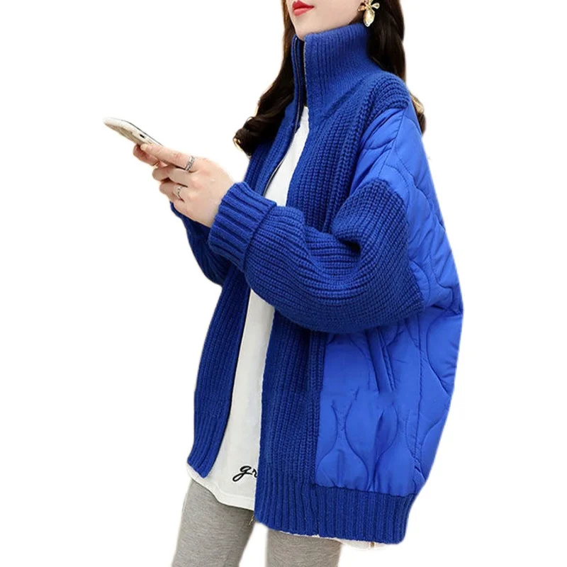 

Women's Blue Knitted Patchwork Parka Coat Warm Fashion Turtleneck Overcoat Harajuku Vintage Coats 90s 2000s Clothes 2024 Winter