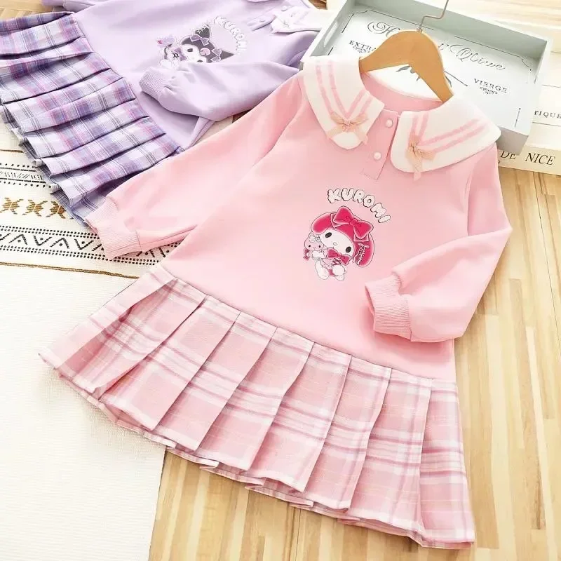 Sanrio Kuromi Children Anime Clothing Spring Autumn Cartoon Girl Peter Pan Collar Fake Two Dresses Kids Plaid Cute Festival Gift