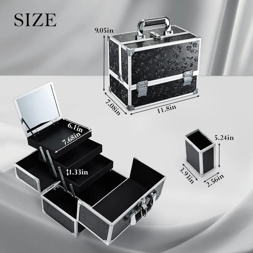 Large 11.8 Inch Makeup Train Case with Mirror, 3 Trays & Locking Storage for Cosmetics Travel Organizer Black Floral