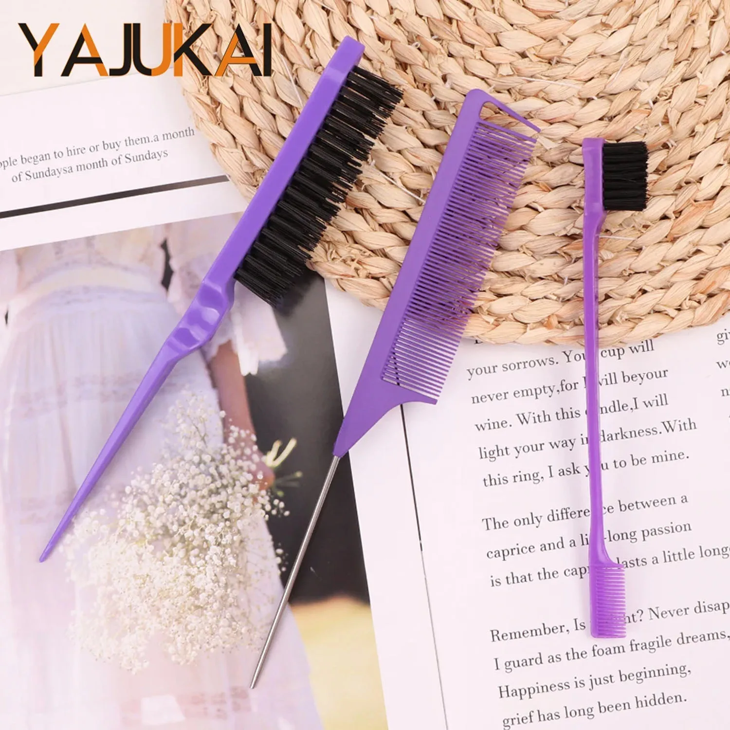 

3Pcs Hair Styling Tools Edge Brush Rat Tail Comb Bristle Triple Row Styling Comb For Hair Styling Separating Combing & Coloring