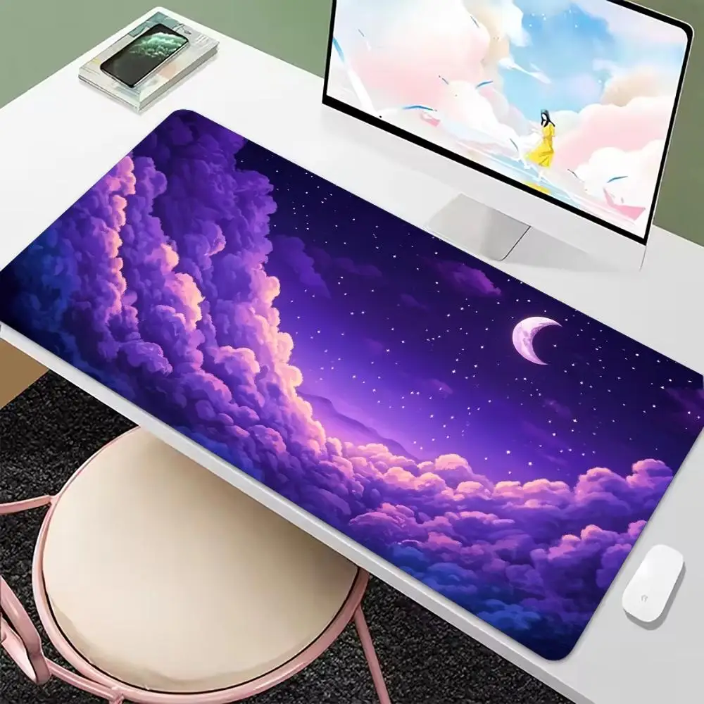 Purple Sky Cloud Moon Large Mouse Pad Non Slip Rubber Desk Mat Stitched Edge For Computer Laptop Home Office Gaming Workspace