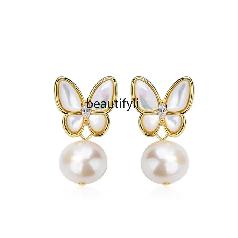 

L11 zq Butterfly Freshwater Pearl Earrings Female Silver Earrings Niche Design High Sense Earrings for Summer