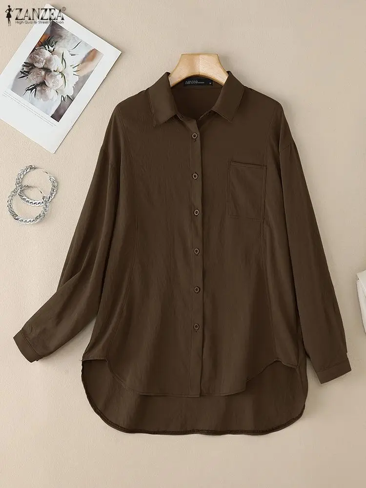 Camisas de mujer de gran tamaño, informal, elegante, de manga larga, con cuello abotonado, camisa de mujer con costura ZANZEA, Tops altos y bajos con dobladillo redondeado detallado