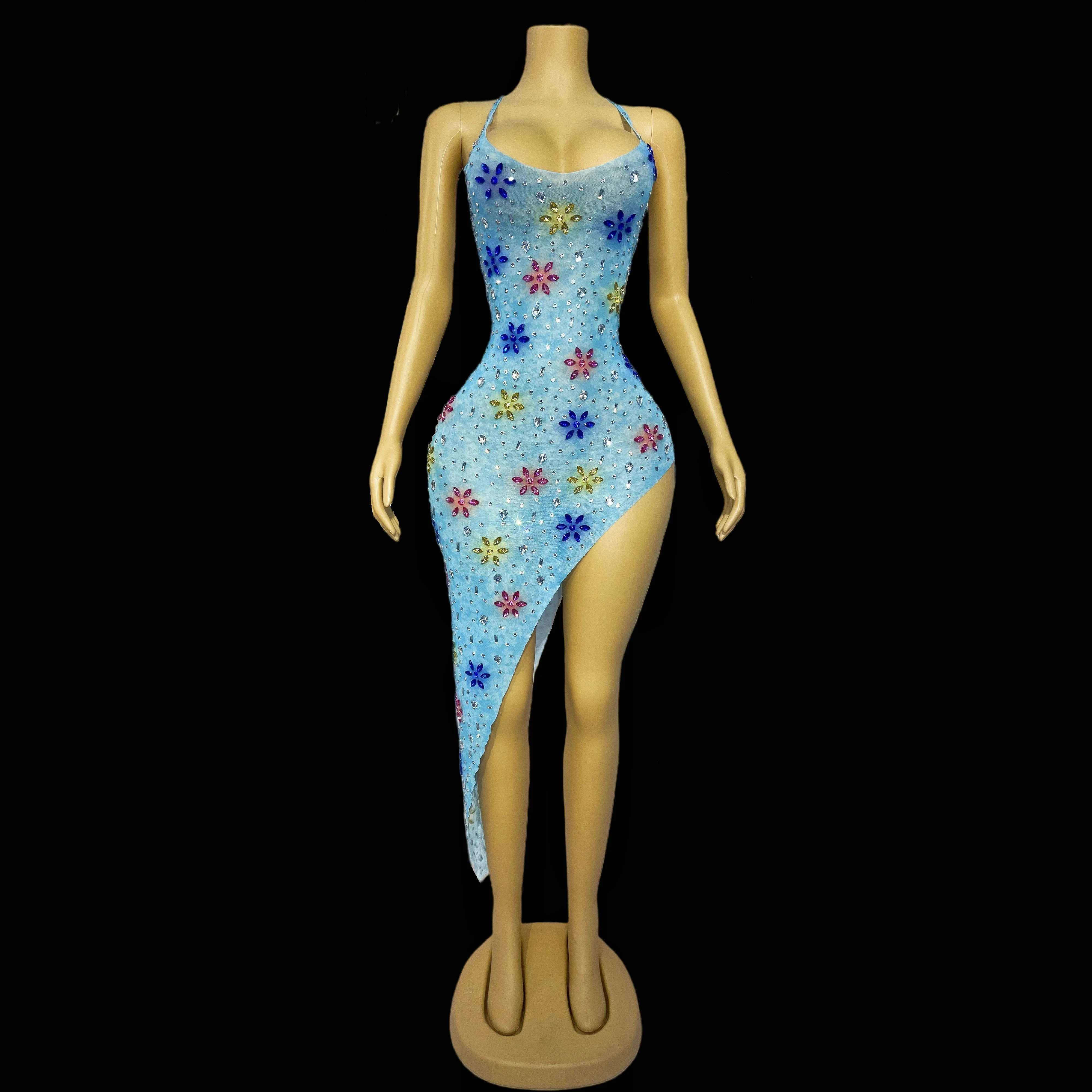 Roupa de desfile de moda artesanal strass coloridos sexy sem mangas fenda vestido irregular festa vestido de noite