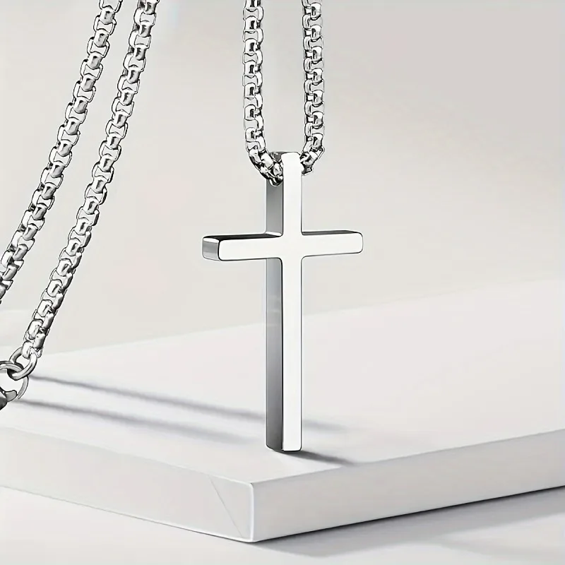 Silver Colour Titanium Steel Glossy Cross Pendant Necklace Men\'s Hip Hop Hundred Long Chain Necklace Holiday Party Accessories