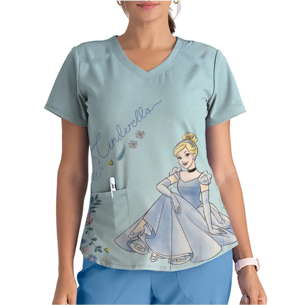 Summer women's nurse uniform printing V-neck Disney Cinderella care top Pet store work uniform nurse care T-shirt