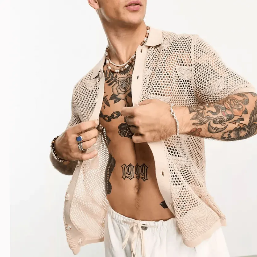 Loose Casual Mesh Hollowed out Shirt Men's Short Sleeve  Neck Short Length Ultra Lightweight Breathable Comfortable Cotton