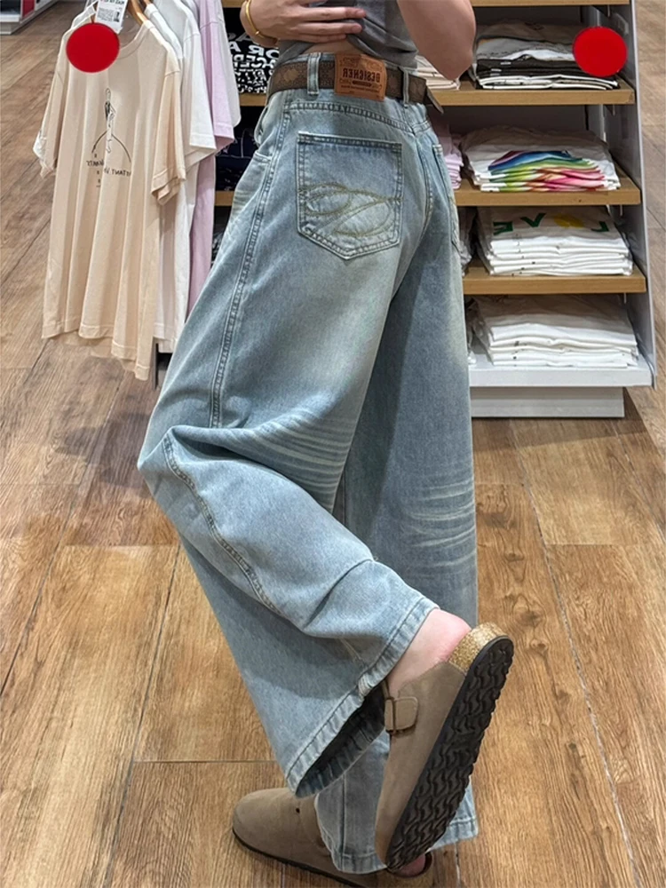 

Американские джинсы с вышивкой, высокая талия, свободный прямой крой, широкие штанины, для мужчин и женщин, повседневная носка