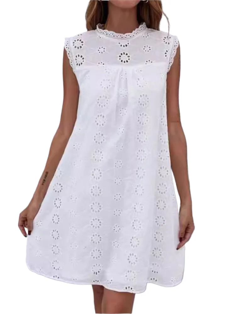 

White Lace Dress Lady Fashion Sleeveless O-Neck Pullover Hook Flower Hollow Dresses For Women Summer Holiday Party Vestidos New