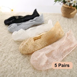 5 Pairs Fashion Women Girls Summer Thin Socks Non-slip Lace Flower Short Sock Antiskid Invisible Ankle Socks New