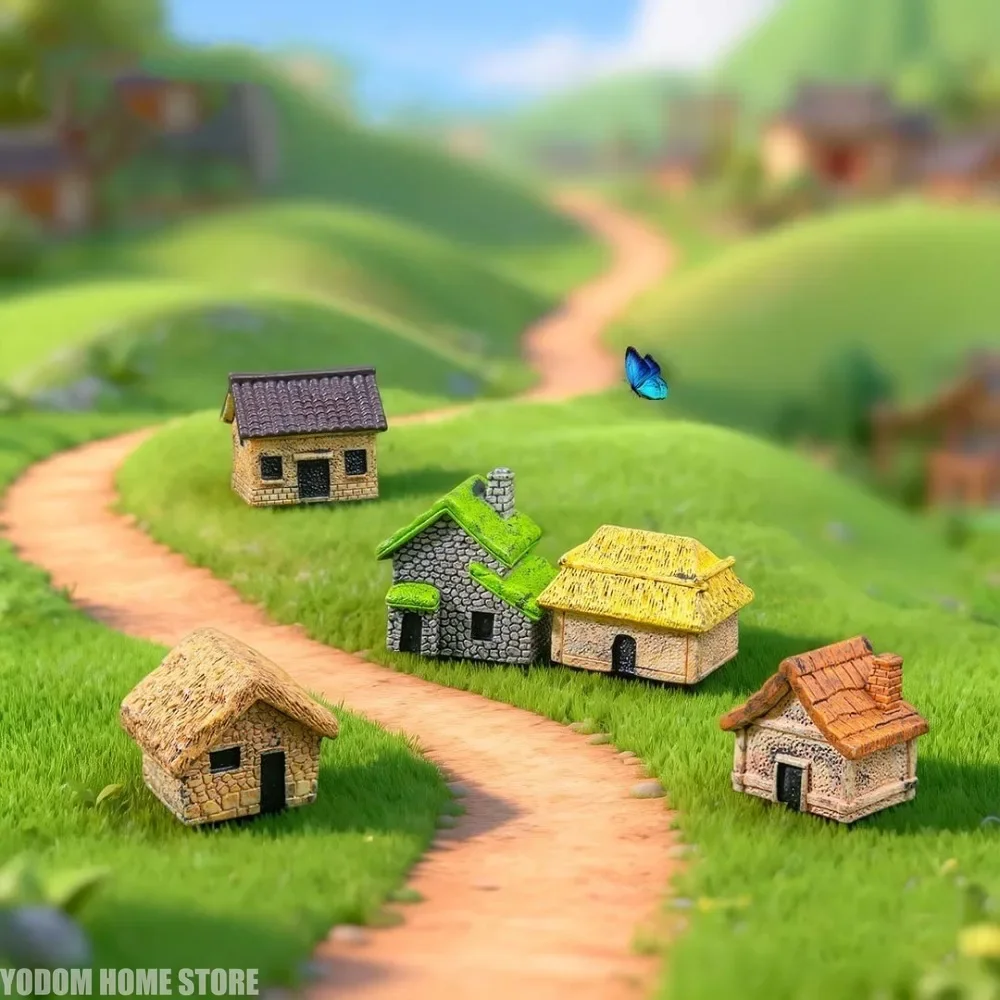 6Pcs Fairy Garden Resin Ornaments, Cartoon Mini House and Animal Figurines, Dollhouse, Car & Household Decoration Crafts