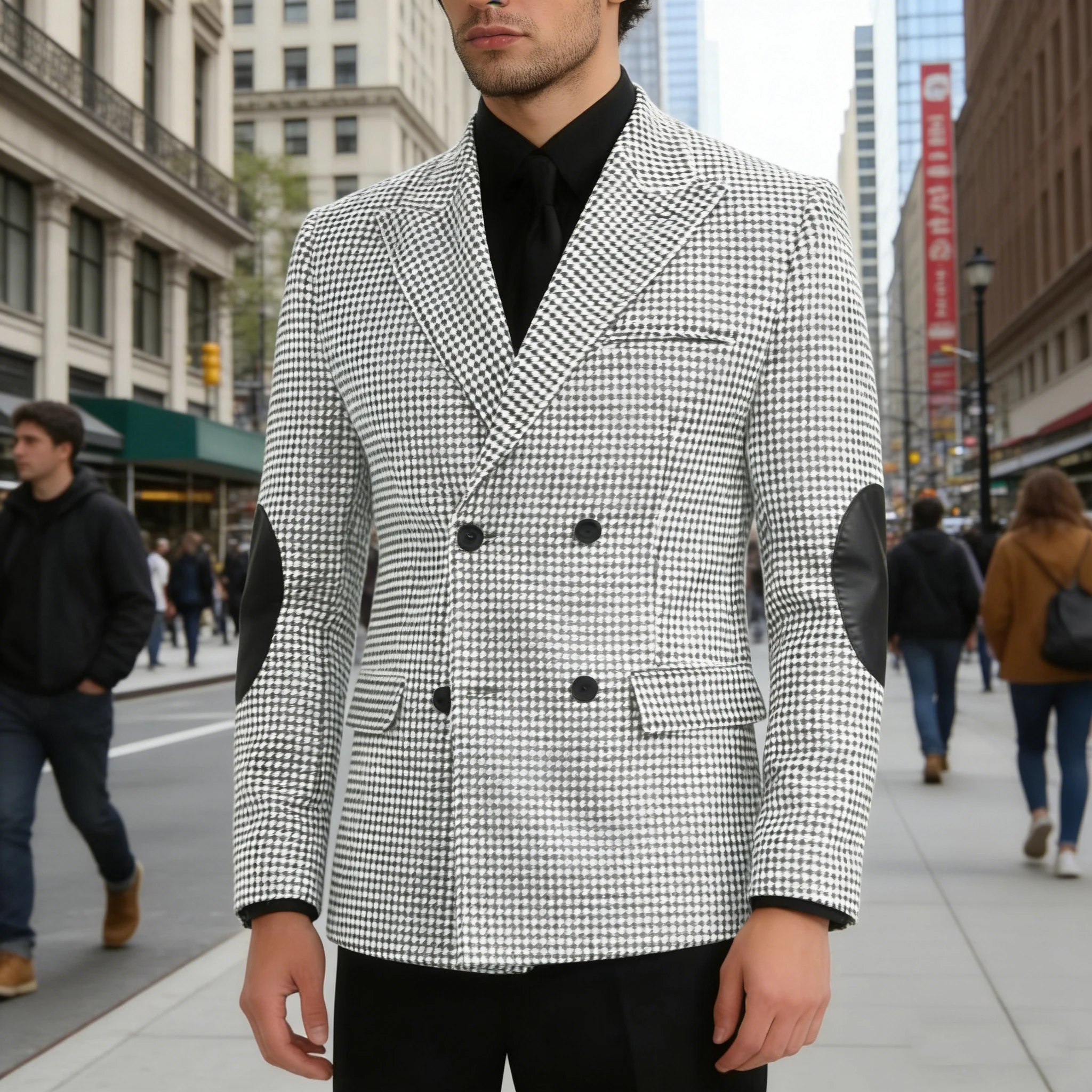 

Men's Houndstooth Double Breasted Blazer with Leather Elbow Patches Slim Fit Formal Business Suit Jacket for Wedding Prom Party